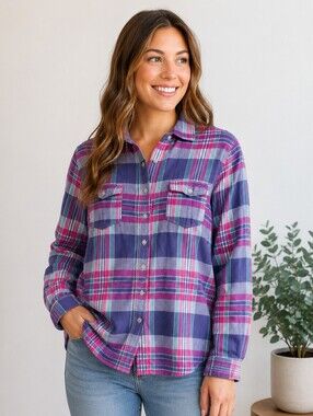 Coupé Pink/Blue/Green Plaid Flannel  Shirt, L